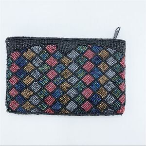 Neiman‎ Marcus Black and Jewel Tone Vintage Hand-Beaded Coin Purse Bag Small